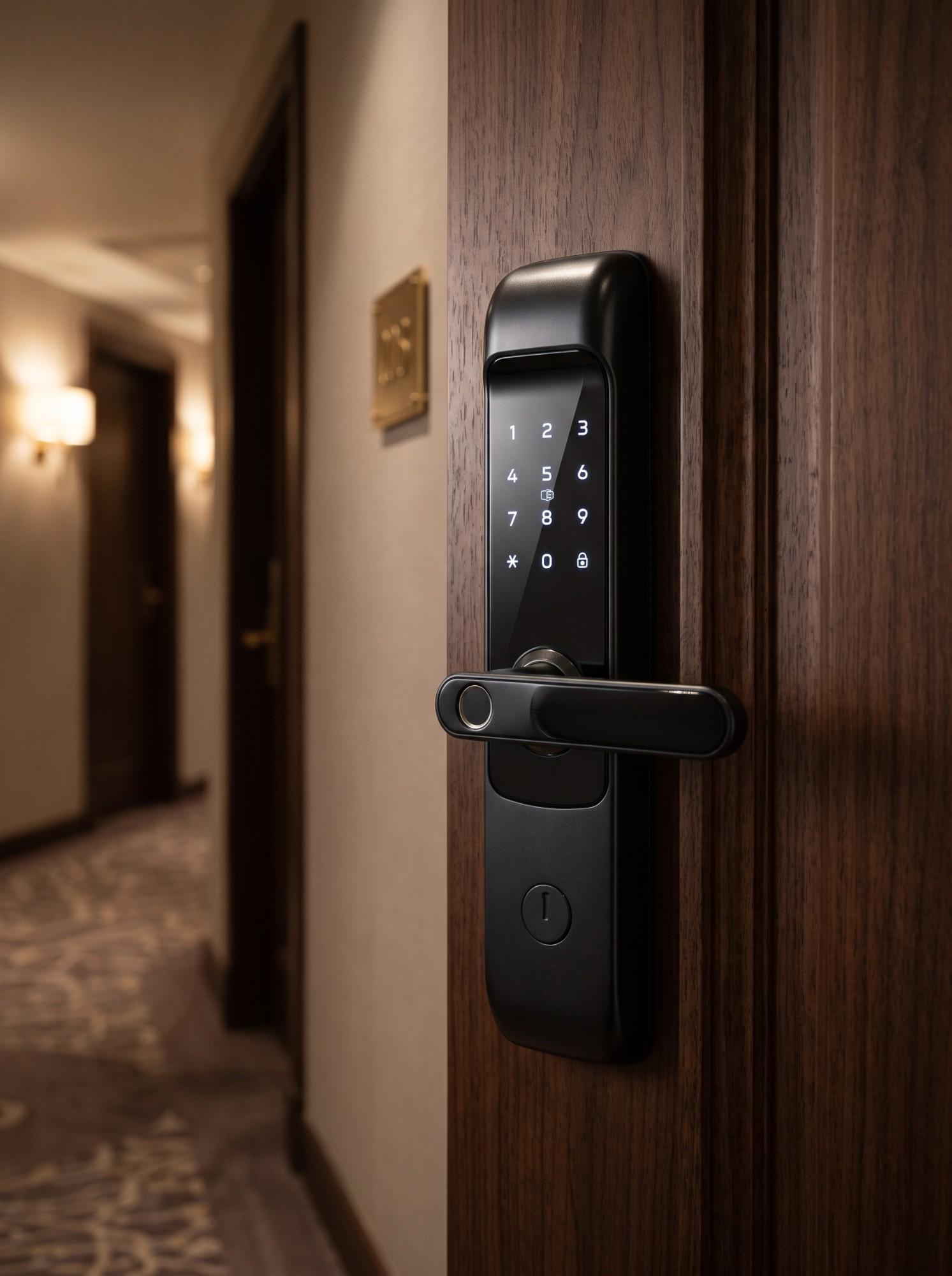 قفل TTLock ذكي مركّب على باب فندقي فاخر